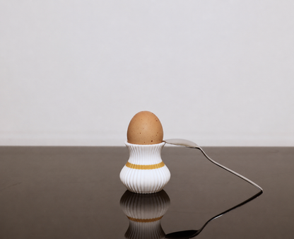 Moderner weißer 3D-gedruckter Eierbecher mit goldenem Akzent, Ei und Löffel als stilvolle Frühstücksdekoration.